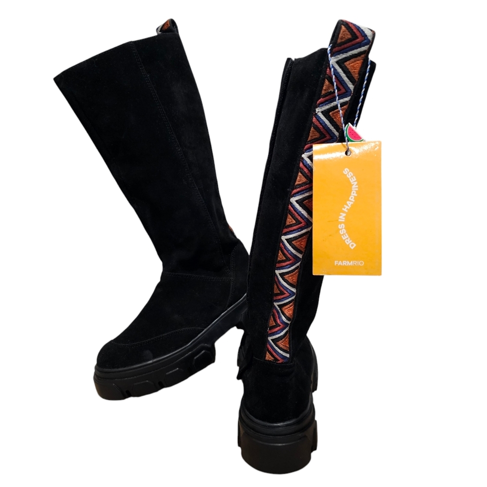 NWT FARM Rio Suede Tall Embroidered Combat Boot
